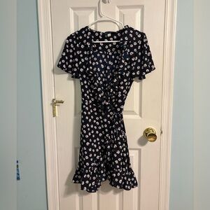 Francesca’s Blue Rain Navy Floral Wrap Mini Dress with Ruffle Hem